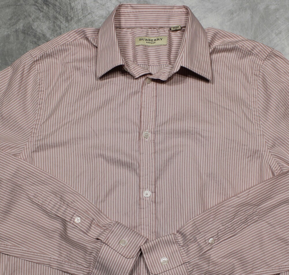 Burberry London Long Sleeve Shirt Mens 15.5 39 Pink Striped Slim Fit